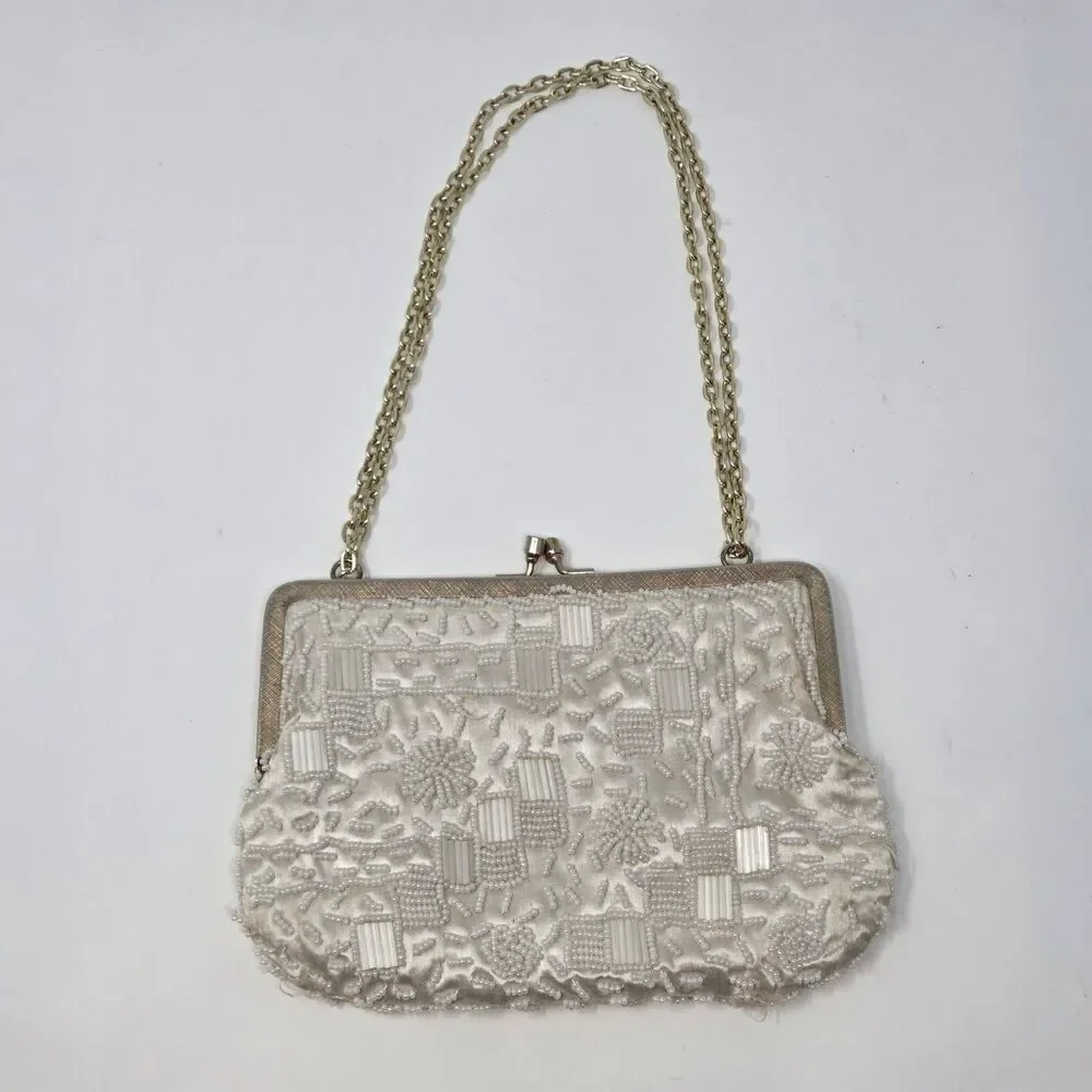 Vintage La Regale Beaded Evening Purse‎ Ivory Satin Kiss Lock Hong Kong Wedding
